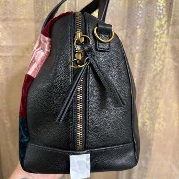 Fossil Sydney Satchel Velvet Patchwork Green Red Pink & Wallet NWT - Picture 4 of 12